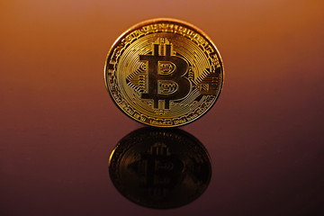 Bitcoin money crypto currency coin on reflective colorful background