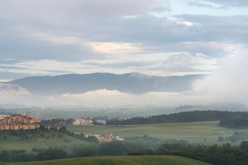 Sunrise and sunset over the hills and town. Slovakia