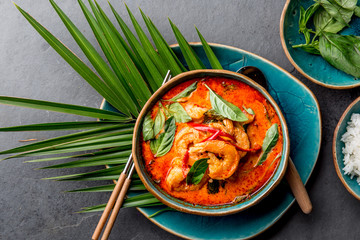 THAI SHRIMPS RED CURRY. Thailand Thai tradition red curry soup with shrimps prawns and coconut...