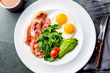 Ketogenic diet breakfast. fried egg, bacon and avocado, spinach and bulletproof coffee. Low carb high fat breakfast