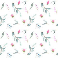 Bright watercolor pattern with flowers and leaves. Hand drawn illustration on a white background - 217932280