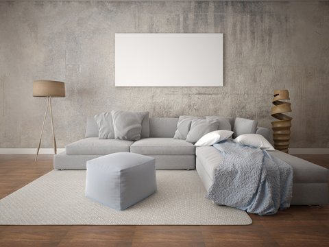 Mock up a spacious living room with a large corner sofa and a trendy hipster background.