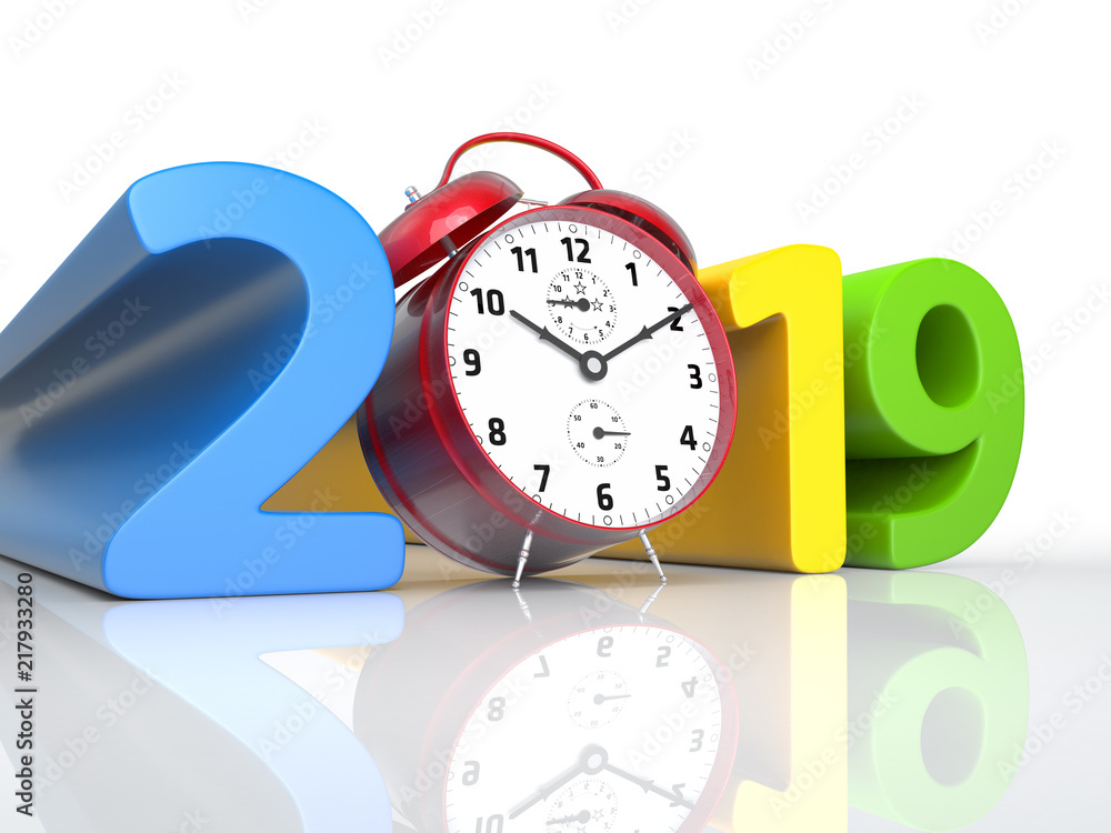 Poster new year 2019 and red alarm clock. 3d rendering