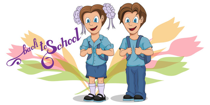 Back to School. Cartoon school girl and boy. Hand drawing of student with a backpack. School kids concept. Happy school children in uniform. Vector graphics to design.