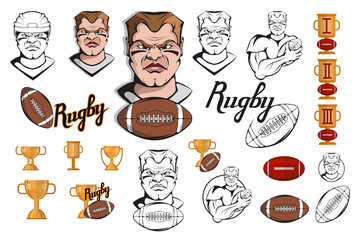 Set of Football player design elements. Hand drawn Rugby player. Cartoon soccer player. Set for football concept. Gold champions and winner cup. Cartoon Man Head. Rugby ball. Vector graphics to design