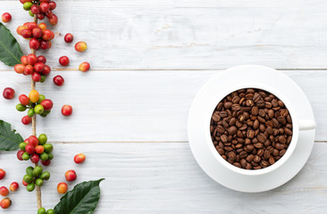 roasted coffee beans in white ceramic cup on wihte wooden table with red berry coffee beans background.