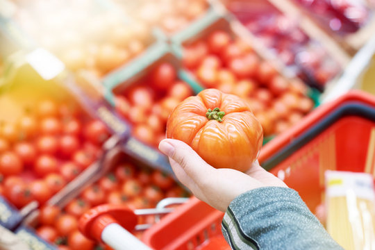 Tomato in hand of buyer at grocery store