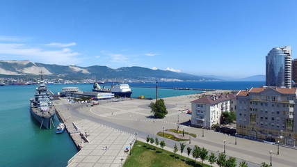 Fototapeta na wymiar Novorossiysk quay Cemes Bay, Black Sea, Krasnodar region, Russia 2018-08-08