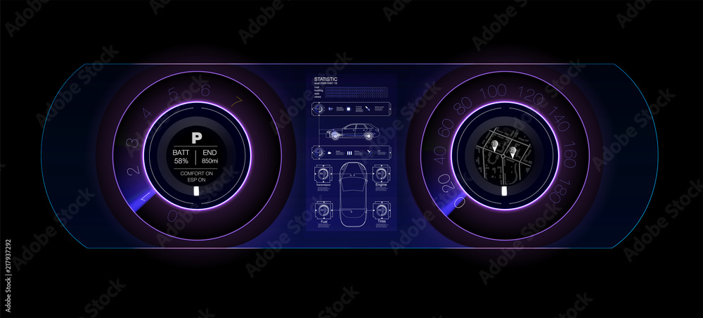 Aufkleber automotive dashboard of the future. hybrid car. diagnostics and elimination of breakdowns. blue. hud