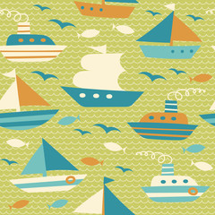 Obraz na płótnie Canvas Sports and leisure ocean voyage illustration. Boat, ship, yacht, sailboat, vessels cruise seamless pattern. Sea water transport illustration. 