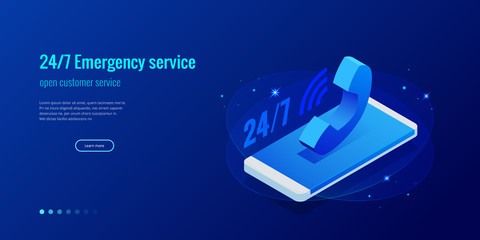 Web page design templates for call center support 24-7. Isometric 24 hours open customer service. Vector illustration Customer Service, Support or CRM