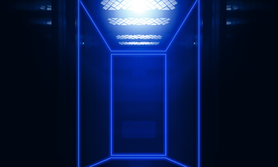 An open elevator door. Dark background of the elevator car with neon light
