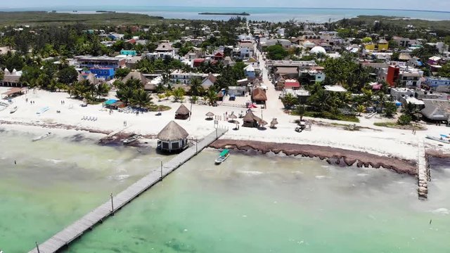 Aerial view of Isla Holbox town centre and main beach, Quintana Roo, Mexico