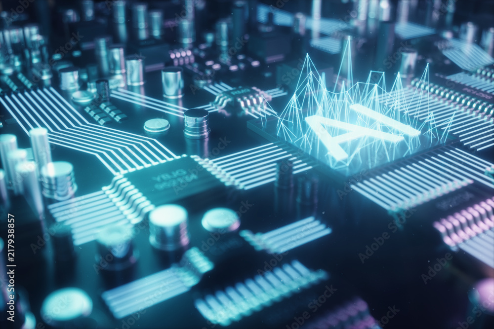 Poster 3d illustration abstract artificial intelligence on a printed circuit board. technology and engineer