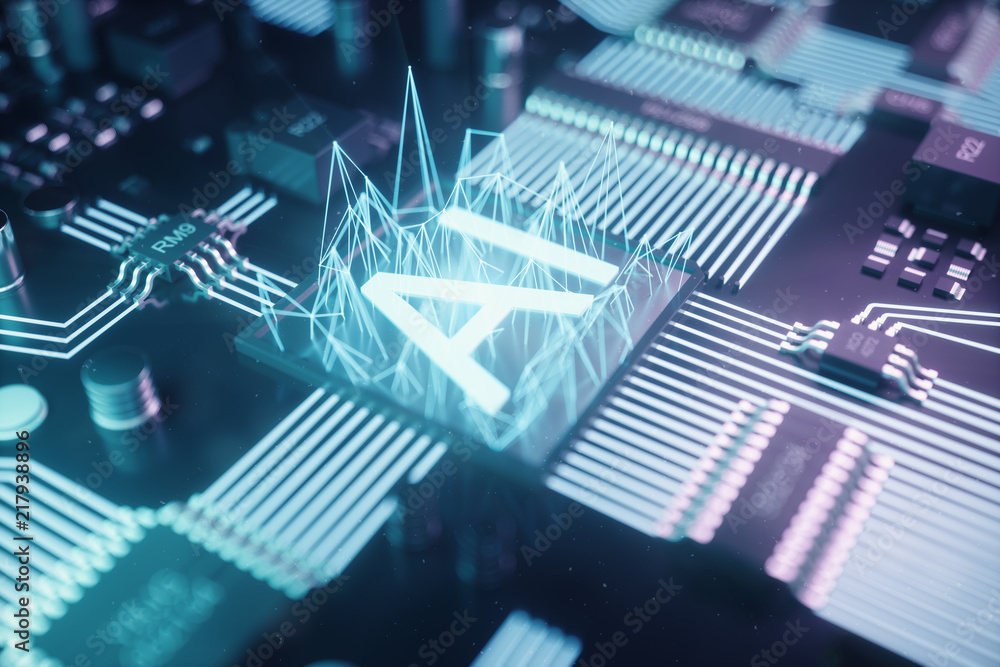 Poster 3d illustration abstract artificial intelligence on a printed circuit board. technology and engineer
