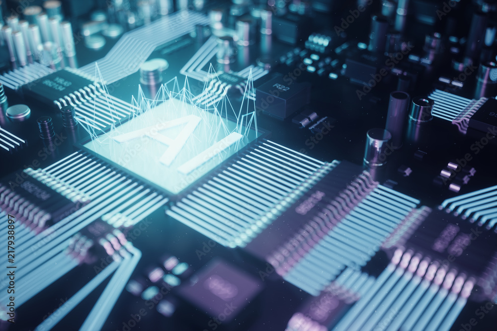 Poster 3d illustration abstract artificial intelligence on a printed circuit board. technology and engineer