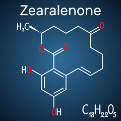 Fototapeta premium Zearalenone (ZEN) mycotoxin molecule. Structural chemical formula and molecule model on the dark blue background