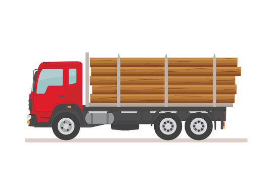 Logging truck on the road. Isolated on white background. Wood production and forestry. Vector illustration. 
