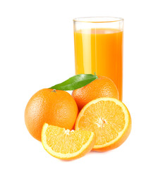 orange juice with orange and green leaf isolated on white background. juice in glass