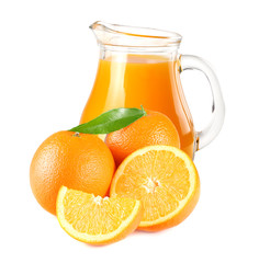 orange juice with orange and green leaf isolated on white background. juice in jug