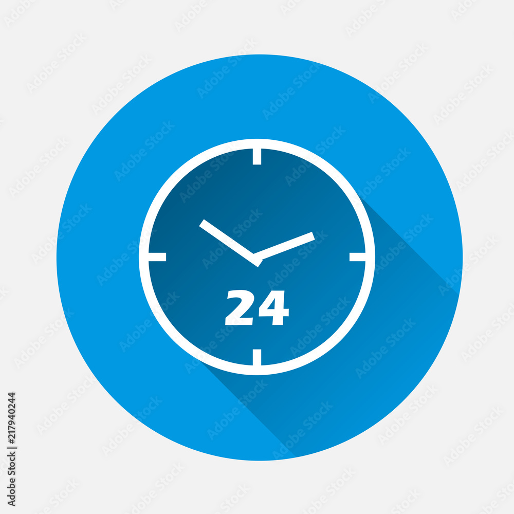 Poster watch face vector icon. 24 hour on blue background. flat imagetime of clock with long shadow. layers