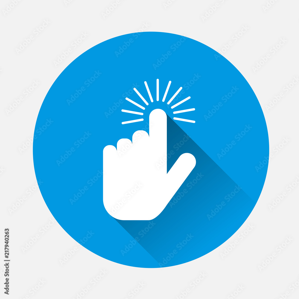Poster the hand clicks on the button. cursor icon on blue background. flat image cursor icon with long shad