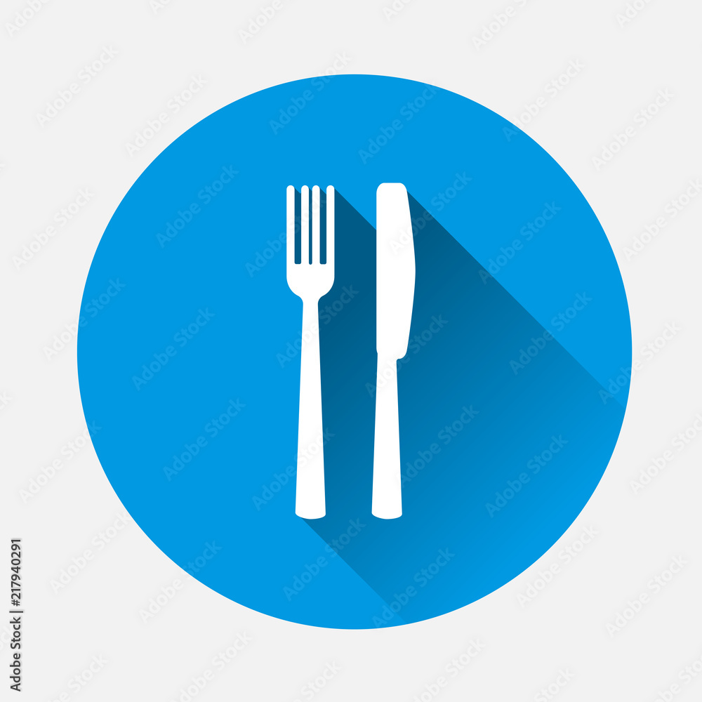 Poster knife and fork. table setting on blue background. flat image cutlery icon with long shadow. layers g