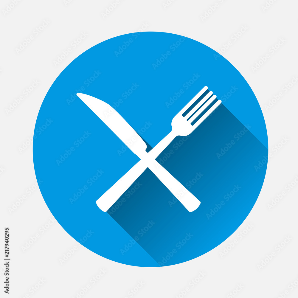 Poster knife and fork. table setting on blue background. flat image cutlery icon with long shadow. layers g