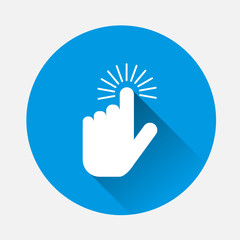 Obraz premium The hand clicks on the button. Cursor Icon on blue background. Flat image cursor icon with long shadow. Layers grouped for easy editing illustration. For your design.