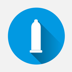 Condom vector icon, protect symbol on blue background. Flat image condom icon with long shadow. Layers grouped for easy editing illustration. For your design.