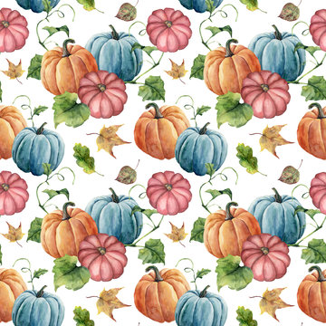 Watercolor bright pumpkin and leaves seamless pattern. Hand painted autumn pumpkin ornament with branch isolated on white background. Botanical illustration for design and fabric, halloween.