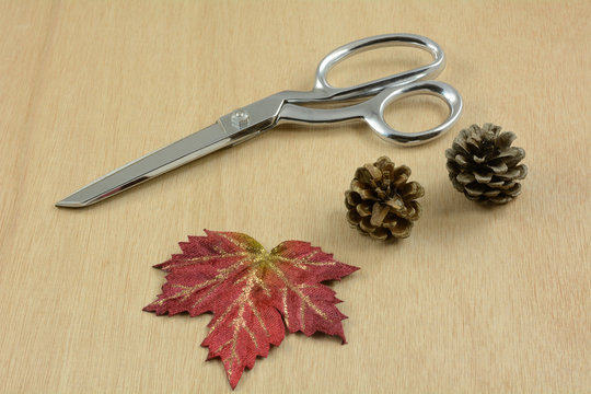 Items for Crafting autumn Thanksgiving decoration with scissors, pine cones and red fabric leaf