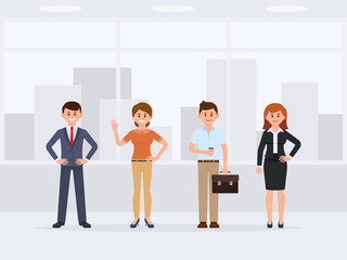 Obraz premium Coworkers standing at the office cartoon character. Front view of young happy colleagues