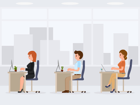Male and female office workers at the desk. Young working clerks cartoon character