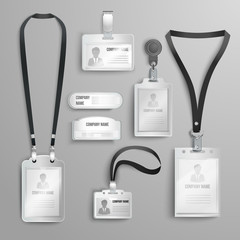 set of realistic clear plastic badges id cards holders on black lanyards. vector illustration