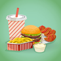 Fast food concept in cartoon style with burgers, chips cola and Chicken shins. vector illustration