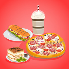 Fast food concept in cartoon style with burgers, cake cola and pizza. vector illustration