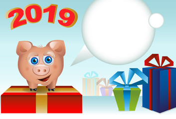 Christmas banner with a pig, a symbol of 2019, with gifts and a place for text.