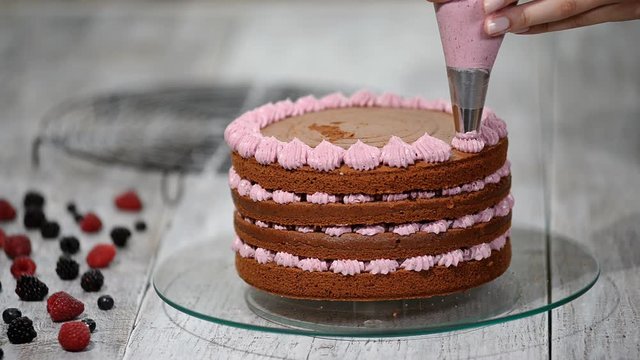 Preparing making chocolate cake with berries. Woman's hand decorate cake.