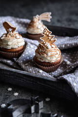 Gingerbread cupcakes decorated with cinnamon and Christmas cookies and snowflake sprinkles
