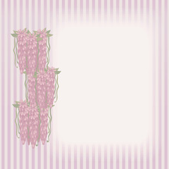 Striped retro vintage card with a composition of bouquets of pink flowing flowers on the left with green leaves and a rectangular vertical light area for labeling vector background.
