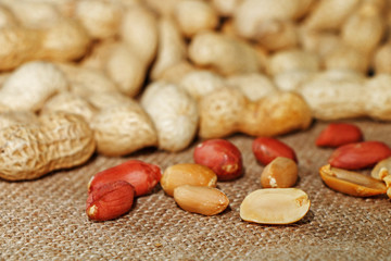 Peanuts are peeled and inshelled in the background of sackcloth.