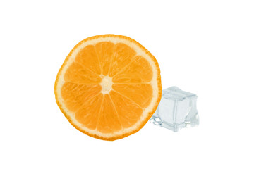half an orange with an ice cube on a white background