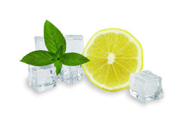 ice cubes with mint sprig and half a lemon
