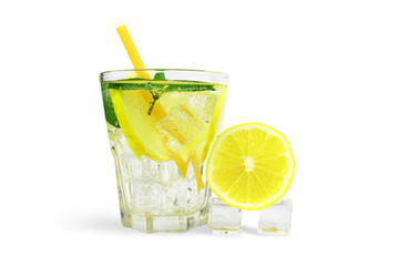 glass of soda water with ice cubes, lemon and mint. Isolate on white background