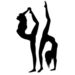 Silhouette of two girls gymnasts, acrobats. Logotype of gymnasts. Vector illustration.