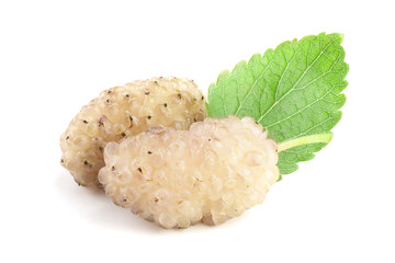 Fresh ripe white Mulberry berry with leaf isolated on white background macro