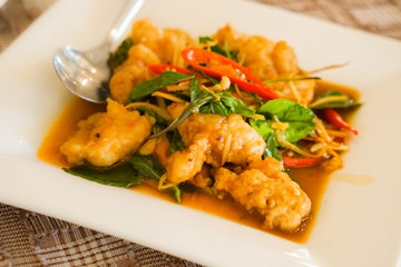 Salted fish with chili & Basil leaves.