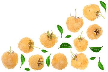 Yellow raspberries with leaf isolated on white background with copy space for your text. Top view. Flat lay pattern