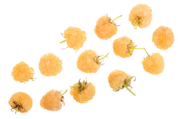 Yellow raspberries isolated on white background with copy space for your text. Top view. Flat lay pattern